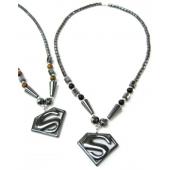 Assorted Semi precious Stone Hematite Superman Pendant Necklace